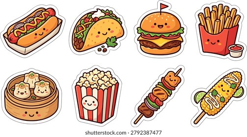 Cute vector illustration of kid-friendly fast food set including hot dog, taco, burger, fries, dumplings, popcorn, skewers, and grilled corn.eps
