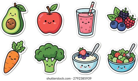 Cute vector illustration of kid-friendly healthy foods including avocado, apple, smoothie, berries, carrot, broccoli, oatmeal, and salad bowl.eps
