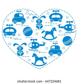 Cute vector illustration kids elements arranged in a heart shape: cars, rabbits, balls, helicopters, rocking horses. Design element for postcard, banner, poster or print. 

