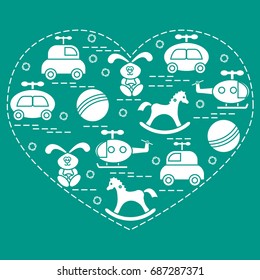 Cute vector illustration kids elements arranged in a heart shape: cars, rabbits, balls, helicopters, rocking horses. Design element for postcard, banner, poster or print. 