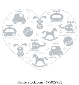 Cute vector illustration kids elements arranged in a heart shape: cars, rabbits, balls, helicopters, rocking horses. Design element for postcard, banner, poster or print. 