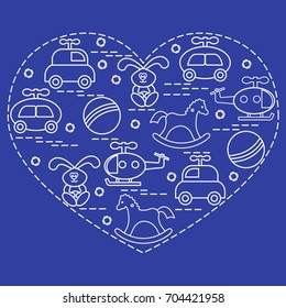 Cute vector illustration kids elements arranged in a heart shape: cars, rabbits, balls, helicopters, rocking horses. Design element for postcard, banner, poster or print. 