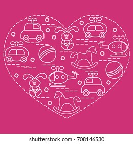 Cute vector illustration kids elements arranged in a heart shape: cars, rabbits, balls, helicopters, rocking horses. Design element for postcard, banner, poster or print. 