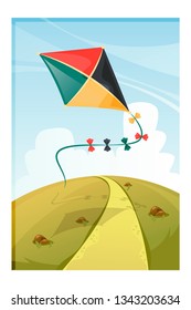 Cute vector illustration of a kite that flies over a hill.