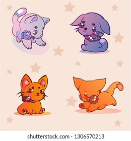 Cute vector illustration of a kitten cat, set of vector illustrations with cats, asterisks.