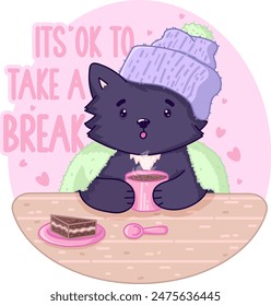 Cute vector illustration of kitten enjoying a hot drink with blanket and hat
