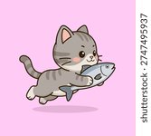 Cute vector illustration of a kitten mascot running while carrying a fish in its paws. The playful character expresses energy, mischief, and charm, making it perfect for logo design. 