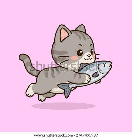 Cute vector illustration of a kitten mascot running while carrying a fish in its paws. The playful character expresses energy, mischief, and charm, making it perfect for logo design. 