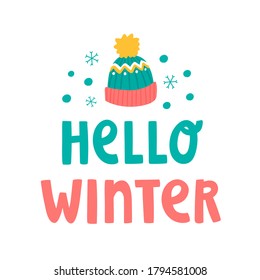 Ilustración vectorial con tapa verde de punto, copos de nieve y letras de texto "Hola, invierno". Hermoso concepto de postal de invierno. Tema para medios sociales, blog, banner, afiche, diseño e impresión