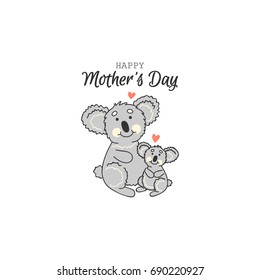 Cute vector illustration with koala and her child. Happy Mother's Day. Hand drawn card.