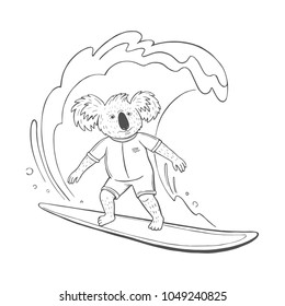 Cute vector illustration of a koala surfer on a surfboard. 