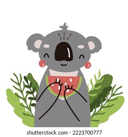 Cute vector illustration of a koala with a watermelon in bright colors on a white background for your design