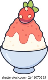 Cute vector illustration of Korean strawberry bingsu dessert in a bowl.