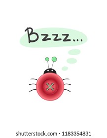 Cute vector illustration, ladybug in cartoon style with realistic pink button body, hand drawn lettering Bzzz. Scrapbook element. Art card for nursery or kids room poster background.