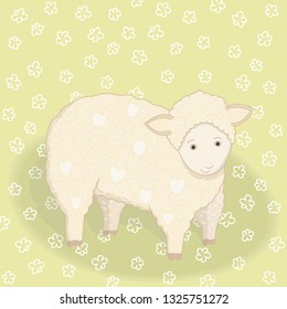 Cute vector illustration of a lamb with hearts decor. Love postcard, greeting card, banner. Print design, children print on t-shirt. Hand draw style. – Vector