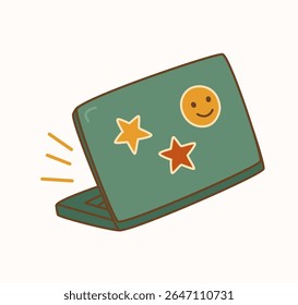 A cute vector illustration of a laptop with fun stickers, perfect for modern tech themes, stationery, social media graphics, and educational content.