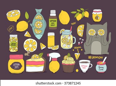Cute vector illustration with lemons. Cartoon cat, cooked fish, delicious food made from lemons: curd, jam, lemonade, cocktail, tea, pie, cake, preserves...