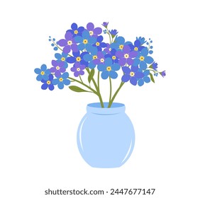 Linda Ilustración vectorial de un jarrón azul claro con un ramo de "me olvido" no en estilo plano sobre un fondo blanco