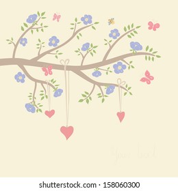 Cute vector illustration in light tones. Branch with leaves and blue flowers, butterfly, heart Can be used for celebration postcard, wedding invitation, etc.