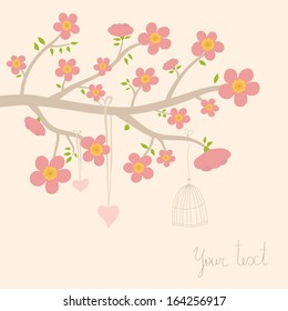 Cute vector illustration in light tones. Branch with leaves and red flowers, butterfly, hearts, birdcage.