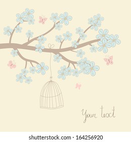 Cute vector illustration in light tones. Branch with blue flowers, butterfly, birdcage 