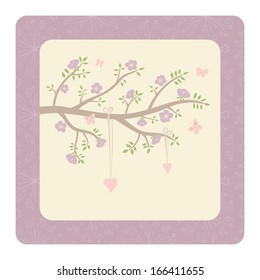 Cute vector illustration in light tones. Branch with leaves and lilac flowers, butterfly, hearts on ornamental background. Can be used for celebration postcard, wedding invitation, etc.