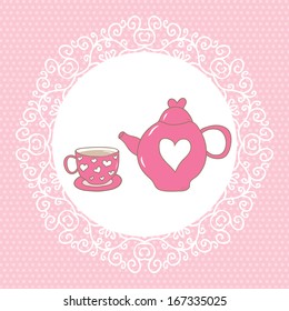 Cute vector illustration in light tones. Pink teapot and cup on round lace and pink background.