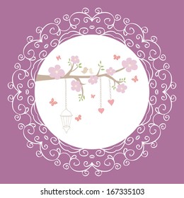 Cute vector illustration in light tones. Branch with blue flowers, heart, butterfly on lace and ornamental pink background. Can be used for celebration postcard, wedding invitation, scrapbooking.