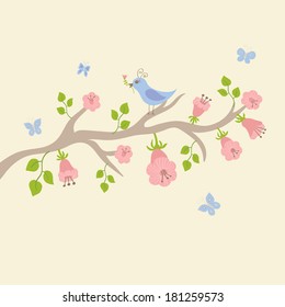 Cute vector illustration in light tones. Branch with leaves and flowers, bird, butterfly. Can be used for celebration postcard, wedding invitation, etc.