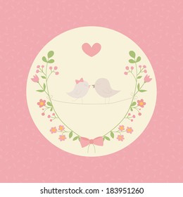 Cute vector illustration in light tones.Heart, birds in love, floral wreath and ornamental pink background. Can be used for celebration postcard, wedding invitation, scrapbooking.