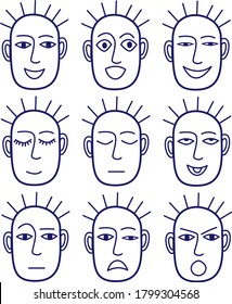 Cute vector illustration. Linear graphic character. A set of faces depicting various emotions. Human emotions in the vector