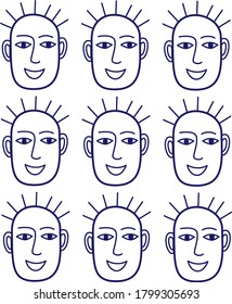 Cute vector illustration. Linear graphic character. Set of identical faces