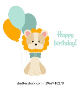 Cute vector illustration with lion and balloons. Birthday cartoon art for kids.