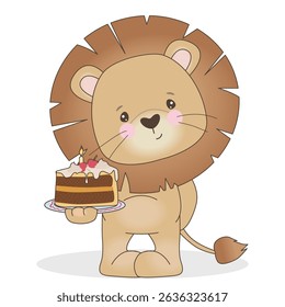 Cute vector illustration of a lion holding a birthday cake with a candle. Perfect for kids party invitations, greeting cards and fun designs. Suitable for a variety of creative projects.