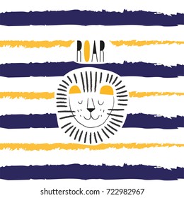 Cute vector illustration with lion on the striped background. For birthday invitation or baby shower. Hand written narrow font. Roaring sleeping lion. Card, banner template, poster or t-shirt design.