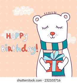 Cute vector illustration of little bear with clouds pink background. Perfect for childish birthday cards. 