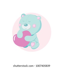 Cute vector illustration of little blue bear with pink heart. Teddy bear