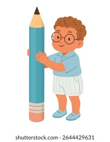 Cute vector illustration of a little boy in glasses holding a giant pencil. The character is dressed in light blue and white clothes, with curly hair and a friendly . Perfect for back-to-school 