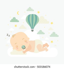Cute vector illustration with  little boy. Child, sleeping baby. Sweet dreams. Good night.
