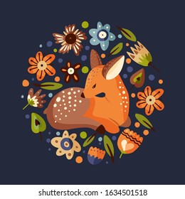 Cute vector illustration with a little fawn woodland animal in a flat style. Forest nature round reindeer postcard with botanical floral elements - flowers and foliage.