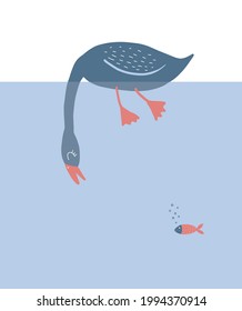 Cute Vector Illustration With Little Fish And Funny Blue Duck Diving Into Water. Lovely Nursery Art Ideal For Card, Wall Art, Poster Or Kids Room Decoration. 