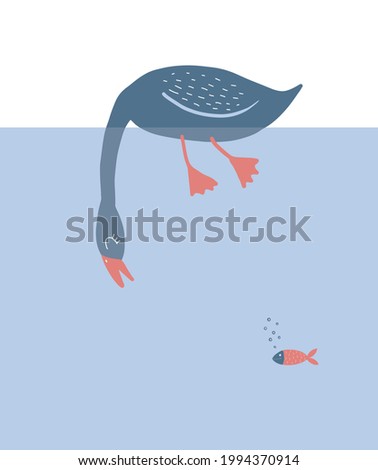 Cute Vector Illustration with Little Fish and Funny Blue Duck Diving into Water. Lovely Nursery Art ideal for Card, Wall Art, Poster or Kids Room Decoration. 