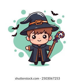 süße Vektorgrafik der kleinen Kind Halloween Hexe. Cartoongrafik
