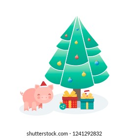 Cute vector illustration of a little piggy under the Christmas tree with gifts on an isolated white background, used for posters, banners, etc. Symbol of 2019.