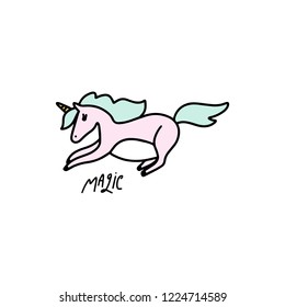 Cute vector illustration of little pink unicorn with blue mane. Can be used for poster and banner, children's book illustration, postcard, gift card, print for t-shirt, sticker, label and other