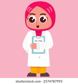 Cute vector illustration of a little scientist in a lab coat. little muslim scientist.