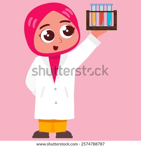 Cute vector illustration of a little scientist in a lab coat. little muslim scientist. holding some formula