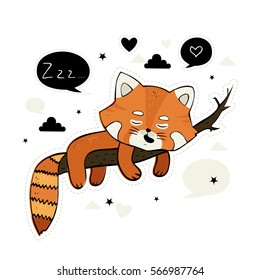 Cute vector illustration with  little sleeping  red panda. Child. Baby. Hand-drawn character.