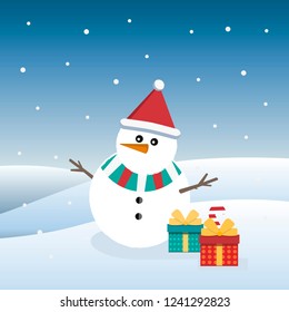 Cute vector illustration of a little snowman with gifts. Winter illustration.