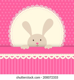 Cute vector illustration. Little toy rabbit, white lace, pink background with polka dot.